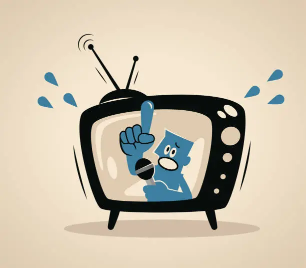 Vector illustration of A blue man host on a TV screen talking with a microphone