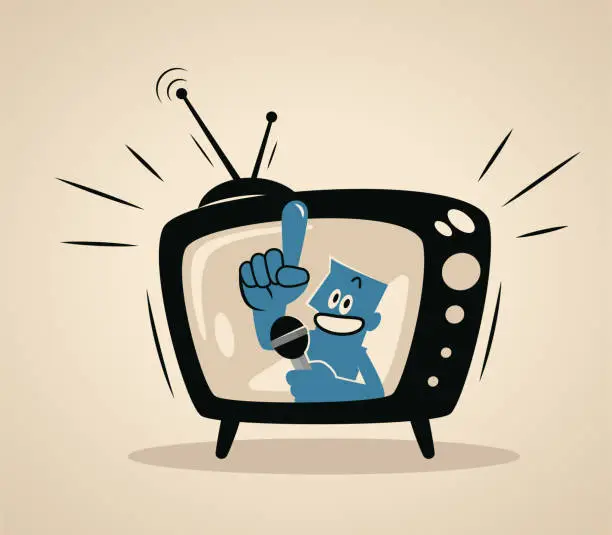 Vector illustration of A blue man host on a TV screen talking with a microphone