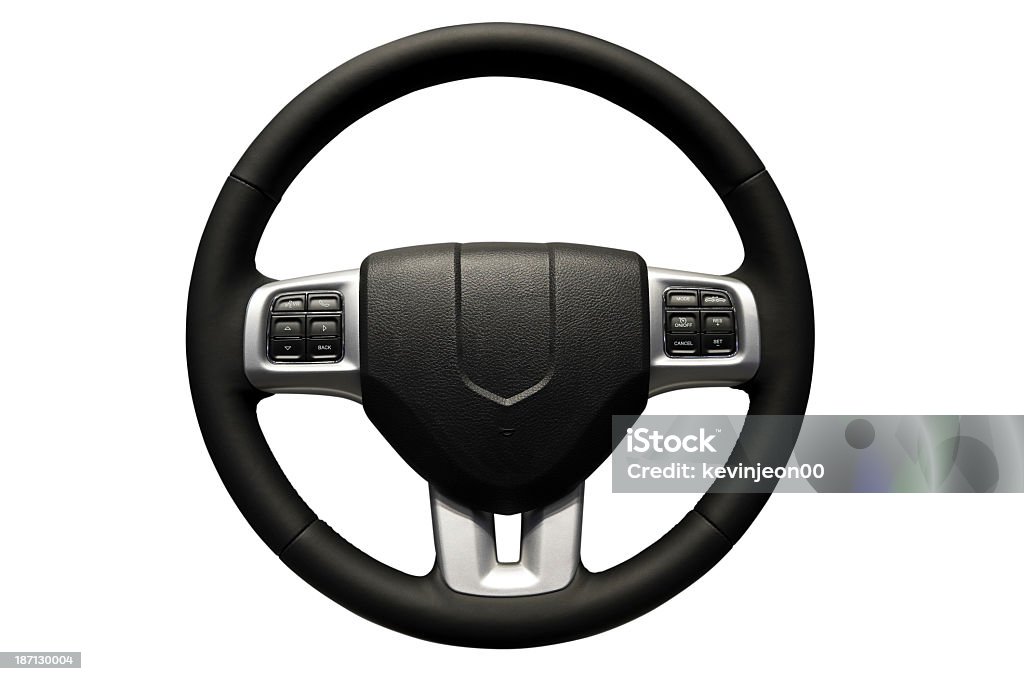 Black steering wheel on a white background Car steering wheel over white. Steering Wheel Stock Photo