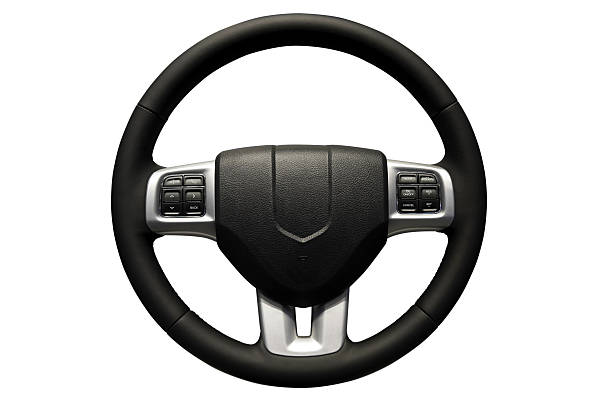 Black steering wheel on a white background stock photo