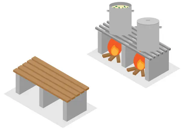 Vector illustration of Image material of cooking food on an isometric disaster prevention bench