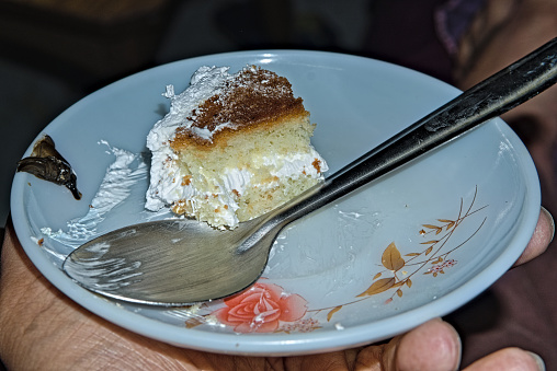a small slice of a cake along with a steel spoon in a plate