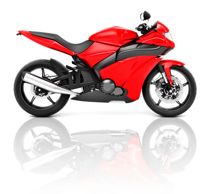 Solitary image of a shiny, red motorcycle against a white background.  The image of the motorcycle is reflected off the floor.  The bike features a black seat, red paintwork and a silver exhaust pipe.  There are two mirrors on either side of the handlebars.