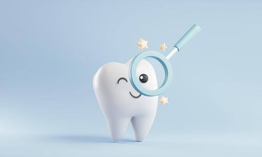 White cartoon Tooth with Medical dentist tool, dental character or mascot,Oral health and dental inspection teeth, 3d rendering.