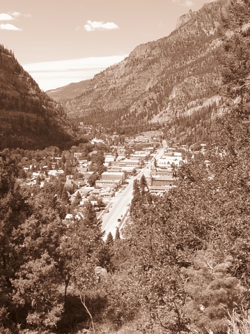 Sepia Colored View of Ouray Colorado from Overlook at Red Mountain Pass