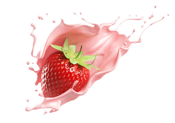 istock milk or yogurt splash with strawberries isolated on white background, 3d rendering. 1871341126