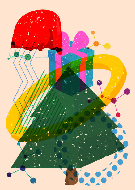 istock Risograph holiday, Christmas with geometric shapes. Pine Tree, Gift Box, Santa Claus Hat with objects in trendy riso graph print texture style design with geometry elements. 1871345354