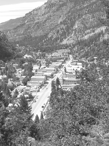 Black and White View of Ouray Colorado from Overlook at Red Mountain Pass