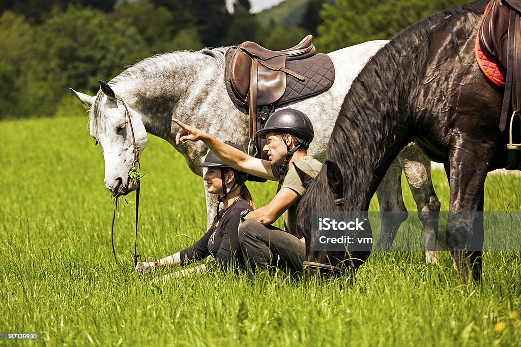 Pareja relajante con caballos en la naturaleza - Foto de stock de Actividad al aire libre libre de derechos