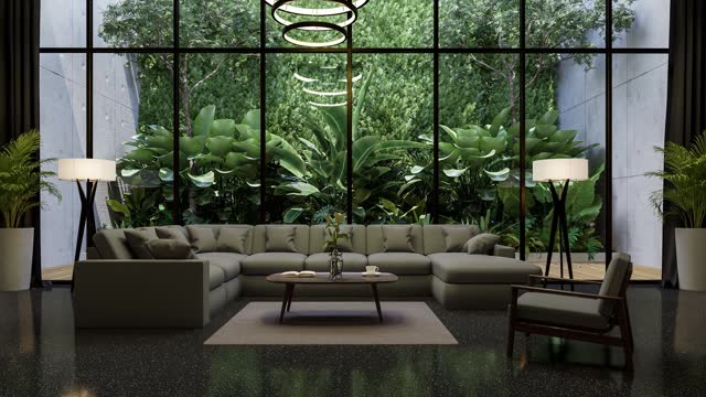 Animation of Modern luxury living room with tropical style garden background 3d render