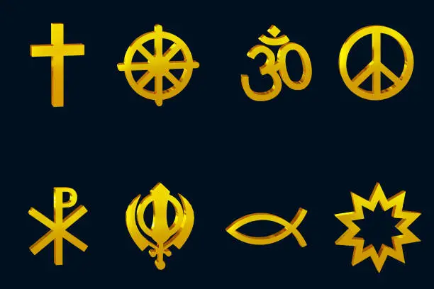 Vector illustration of Set of golden religion symbol 3D icons, collection of gold religious symbol 3D