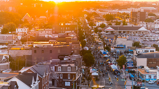 Food, fun, and festivity in West Reading, Pennsylvania, USA: Fall Festival takes over the small town streets. Aerial view