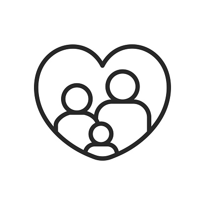 Family in Heart Icon - Linear Pictogram for United Love. Home and Kinship in Valentine Emblem, Protective Bond and Warmth of Family Vector Design