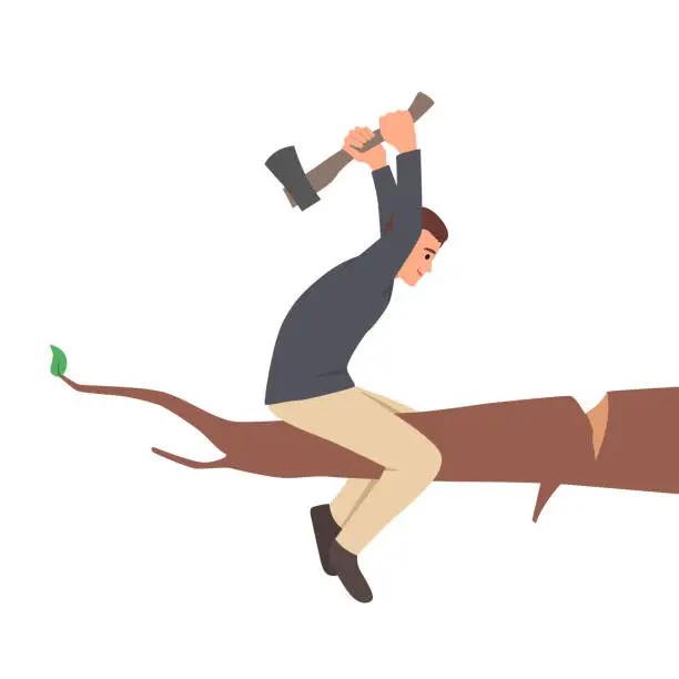 Vector illustration of Young businessman cutting the branch on which he sits using axe.