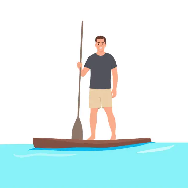 Vector illustration of Hope for success in future concept. Bold person travel in sailboat, looking, searching and exploring career directions. Man with aspirations and goals.