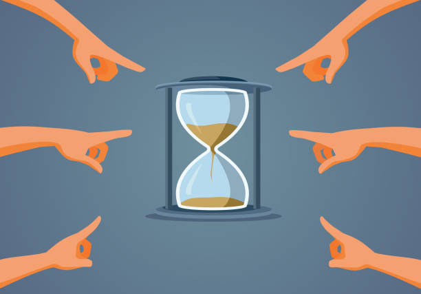 ilustrações de stock, clip art, desenhos animados e ícones de people pointing to an hourglass indicating time vector illustration - waiting hourglass people impatient