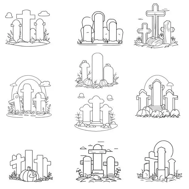 Vector illustration of Set of halloween gravestones, collection of graveyards and tombstones