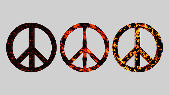 3D rendering of a set of peace symbols on different  fire burn, a circle international peace icon for anti war or nuclear disarmament