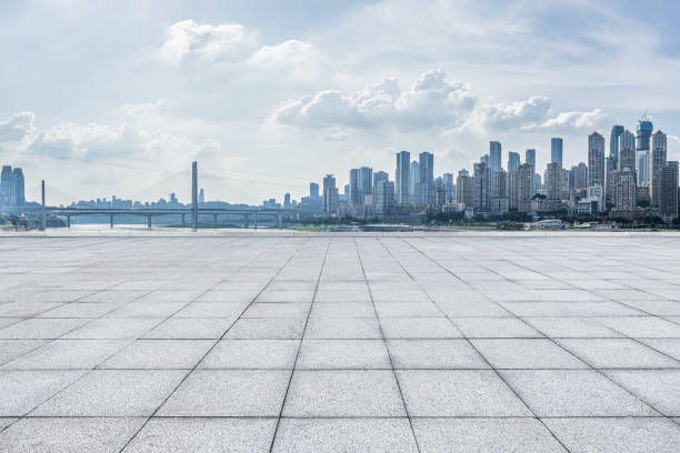 istock Empty brick floor and city skyline 1871398589