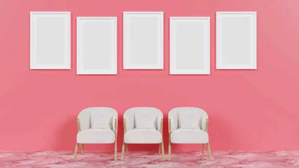 Photo of 3D rendering of mock-up frame on pink color texture background with modern seats in  the living room, modern interior design