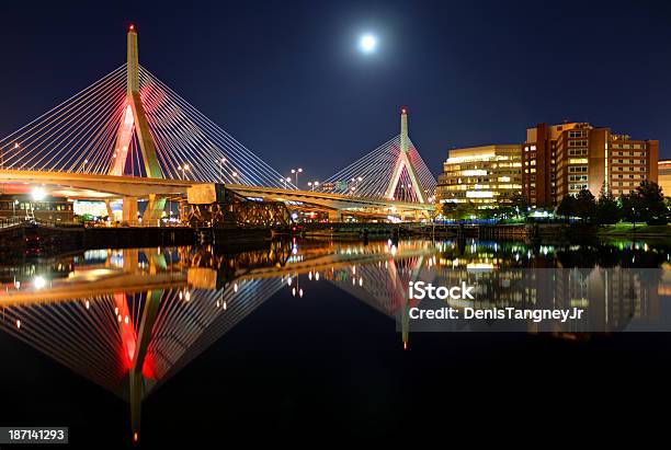 Full Moon Over The Zakim Bridge Stock Photo - Download Image Now - Architecture, Boston - Massachusetts, Charles River