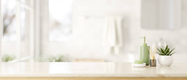 istock A luxury tabletop with a soap, a shampoo bottle, an aroma diffuser, a potted plant, and a copy space 1871413197