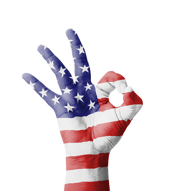 istock Hand making Ok sign, USA flag painted 187142052