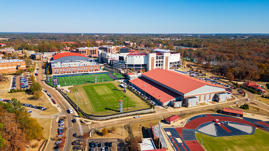 Oxford, MS - November 28, 2023: Vaught Hemingway Stadium and The Pavilion on the Ole Miss Campus