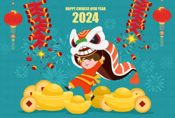 Vector illustration of Chinese New Year is traditionally celebrated with dragon and lion dances, firecrackers, and family gatherings
