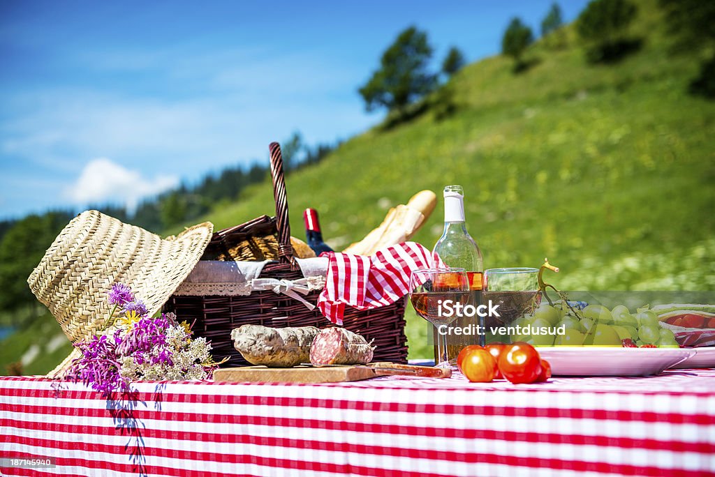 Picnic basket and food on a table with a checked cloth tasted picnic on the grass near a lake Agricultural Field Stock Photo