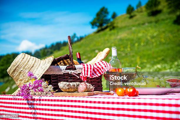 Picnic Basket And Food On A Table With A Checked Cloth Stock Photo - Download Image Now