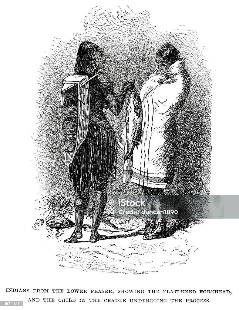 Indians from the Lower Fraser Vintage engraving showing Native Americans from the Lower Fraser, 1873 Indigenous Culture stock illustration