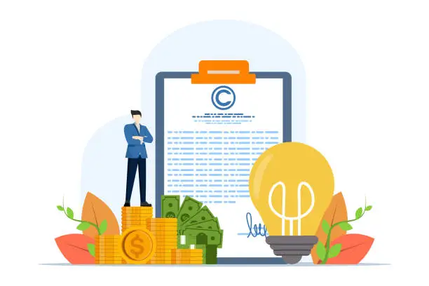 Vector illustration of The concept of intellectual property, patent protection, copyrighted products or trademarks cannot be imitated, the entrepreneur owner stands next to the paper as a patent. flat vector illustration.