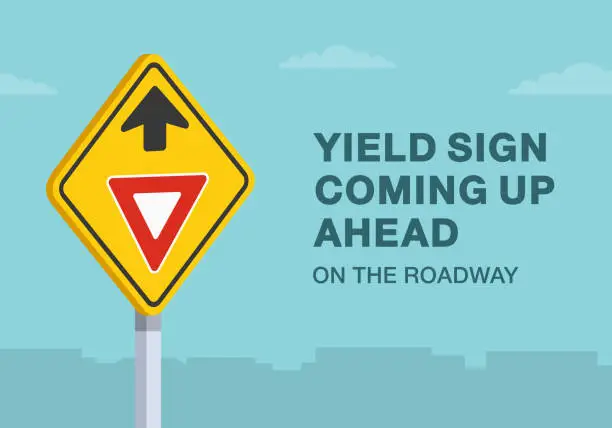 Vector illustration of Safe driving tips and traffic regulation rules. Close-up of United States yield sign coming up ahead on the roadway sign. Vector illustration template.