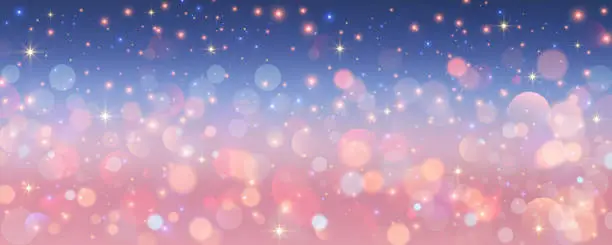Vector illustration of Bokeh sky background. Light pink pastel galaxy abstract wallpaper with glitter stars. Fantasy space with sparkles. Festive Christmas night design. Vector