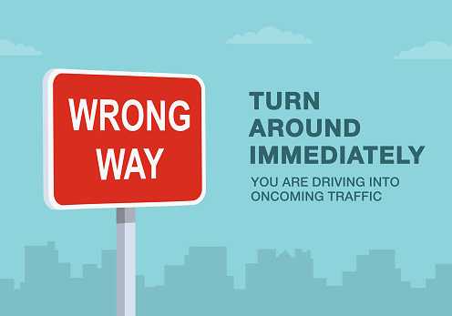 Safe driving tips and traffic regulation rules. Close-up of United States wrong way sign. Turn around immediately. Flat vector illustration template.