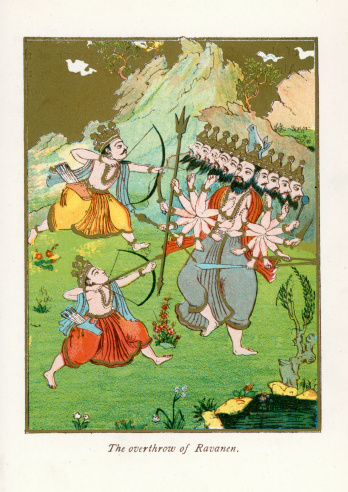 Vintage colour lithograph showing The overthrow of Ravana. Ravana is the primary antagonist in the Hindu epic Ramayana, where he is depicted as the Rakshasa king of Lanka