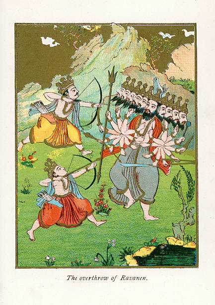 The overthrow of Ravana Vintage colour lithograph showing The overthrow of Ravana. Ravana is the primary antagonist in the Hindu epic Ramayana, where he is depicted as the Rakshasa king of Lanka ramayana stock illustrations