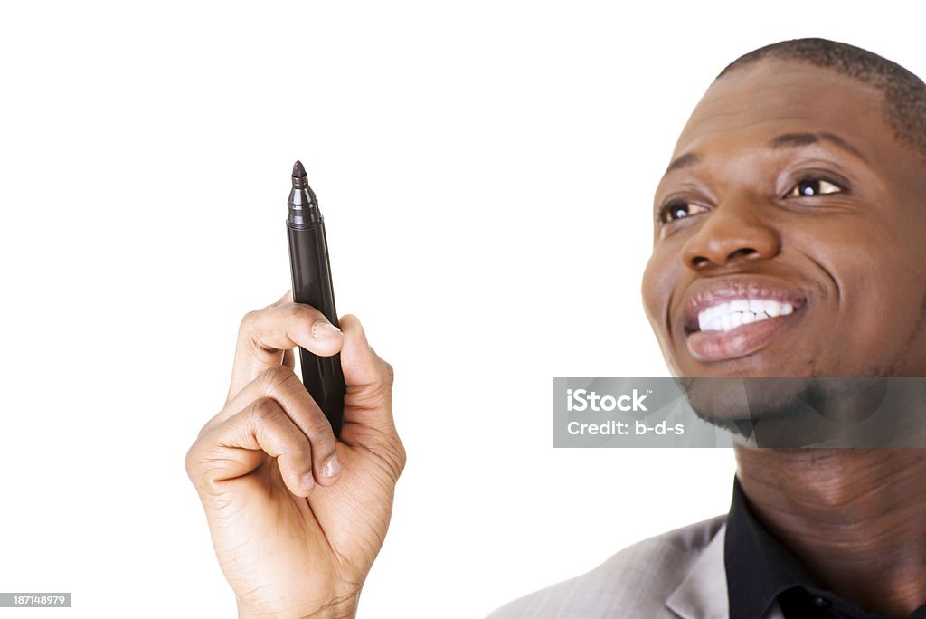 Gut aussehend Geschäftsmann zeigen auf Textfreiraum mit einem Stift. - Lizenzfrei Anzug Stock-Foto