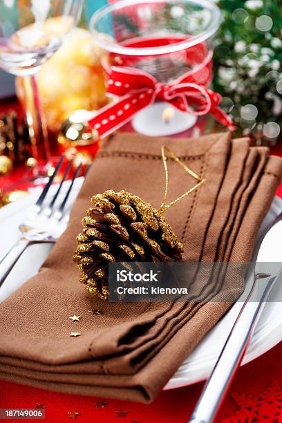 Christmas Table Place Setting Stock Photo - Download Image Now - Arranging, Banquet, Branch - Plant Part