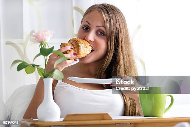 Woman Having Breakfast In Bed Stock Photo - Download Image Now - Adult, Adults Only, Beautiful Woman