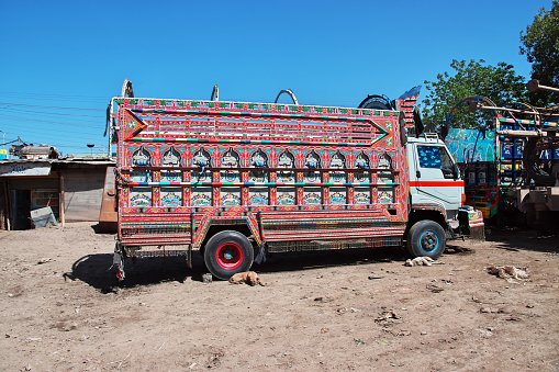 Peshawar, Pakistan - 31 Mar 2021: The truck with art in Peshawar, Pakistan