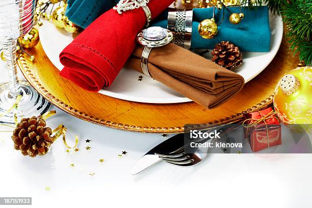 Christmas Table Place Setting Stock Photo - Download Image Now - Arranging, Border - Frame, Candle