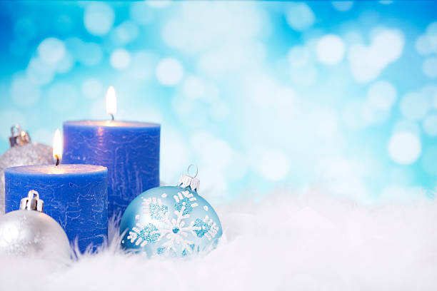 istock Blue and silver Christmas scene with baubles and candles 187152510