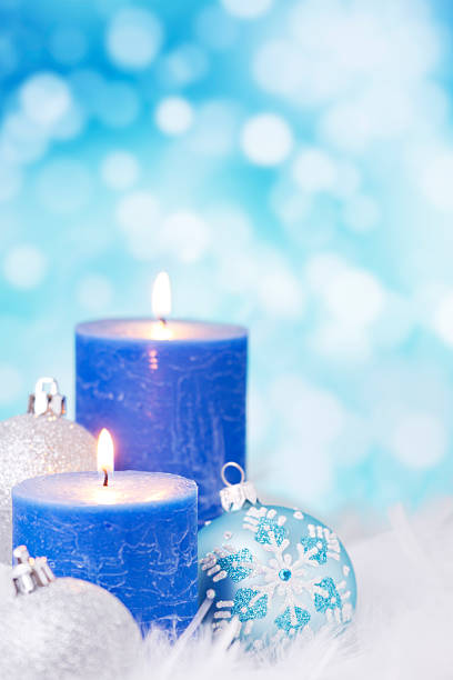 istock Blue and silver Christmas scene with baubles and candles 187152516