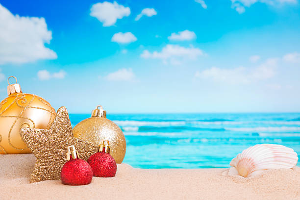 istock Christmas decorations on the beach, ocean in the back 187152578