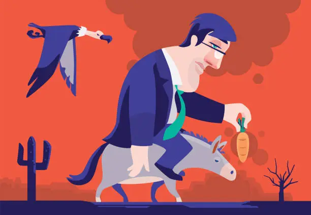 Vector illustration of tired businessman riding on donkey and holding carrot