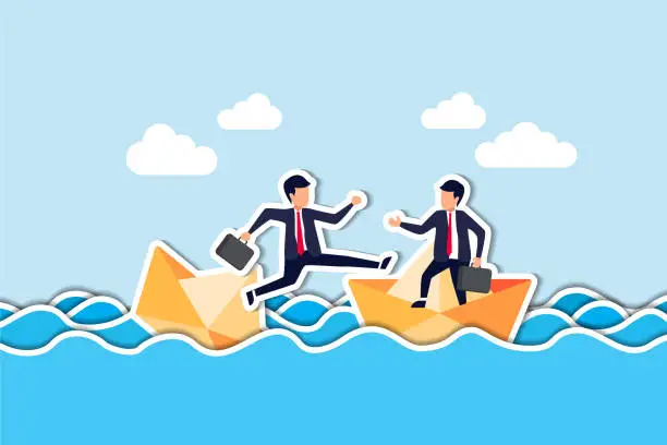 Vector illustration of Trusted business partner to help and support in economic crisis or team and partnership to offer solution concept, brave businessman risk their life to help his partner from sinking boat in the ocean.