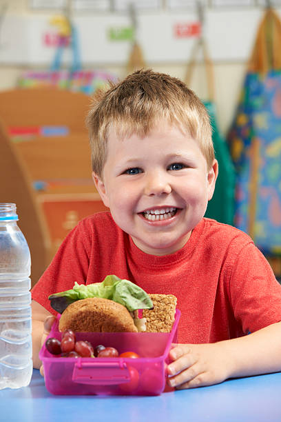 Elementary School Pupil With Healthy Lunch Box Importance of healthy diet at school food elementary student healthy eating schoolboy stock pictures, royalty-free photos & images