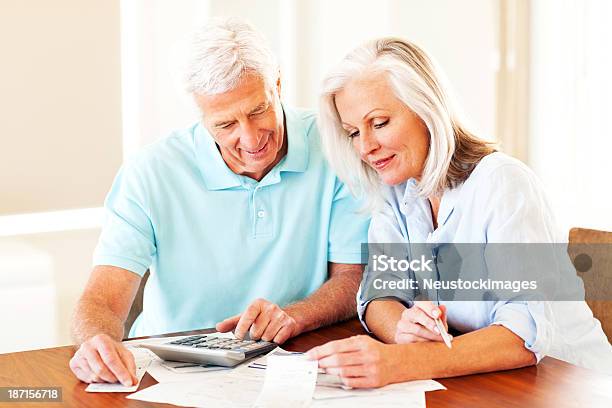 Senior Couple Calculating Financial Budget Stock Photo - Download Image Now - Examining, Senior Couple, Financial Bill